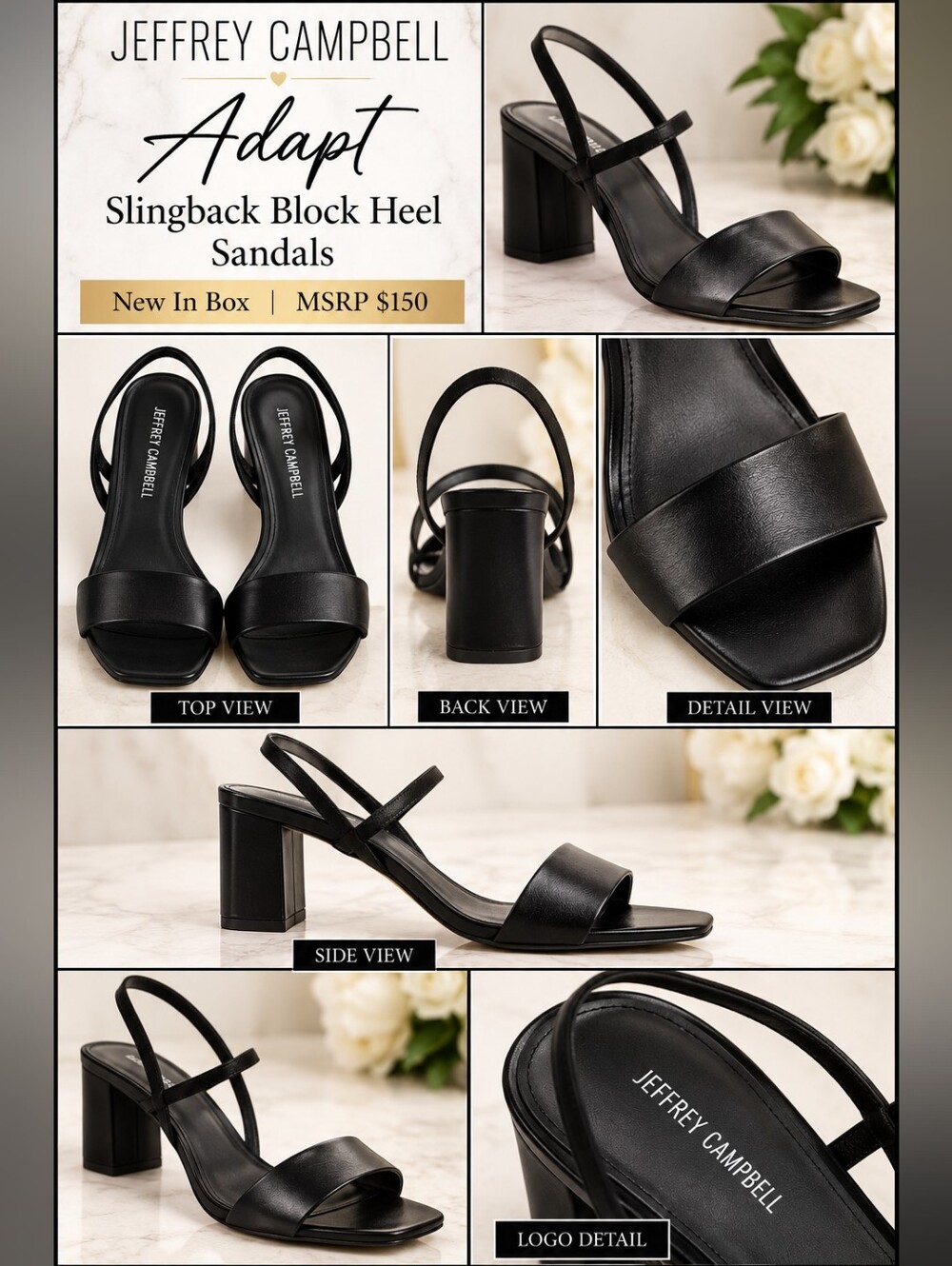 Jeffrey Campbell Black Leather Slingback Block Heels Sandals - NIB